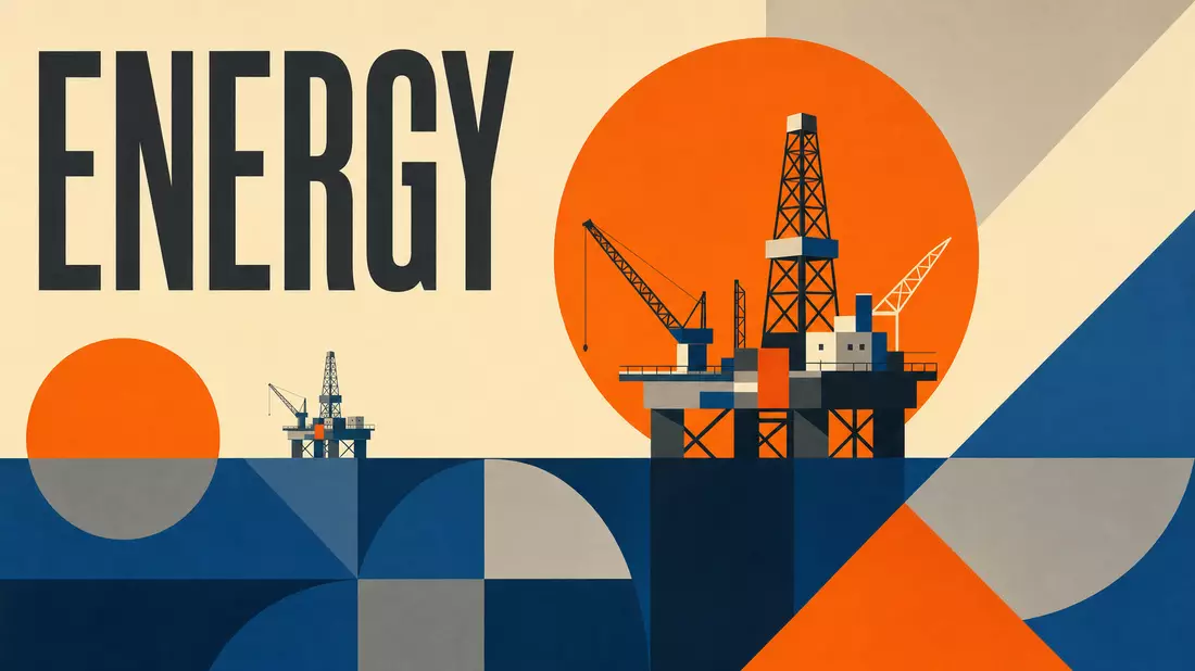 Bauhaus-Poster mit geometrischer Offshore-Plattform und Text ENERGY