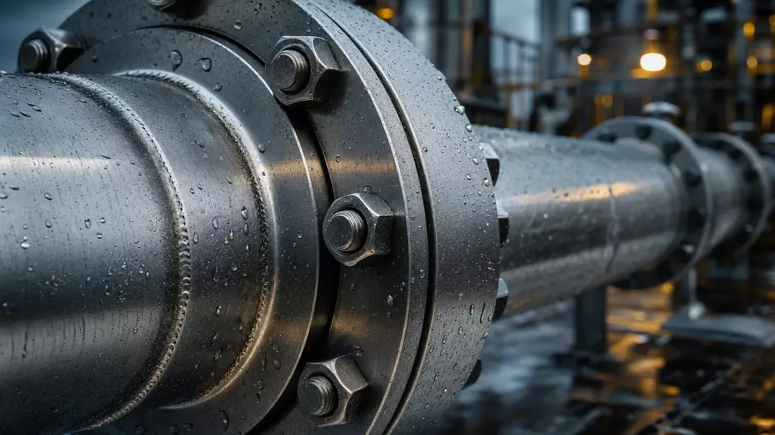Makroaufnahme eines Metallflansches an einer Pipeline mit Wassertropfen