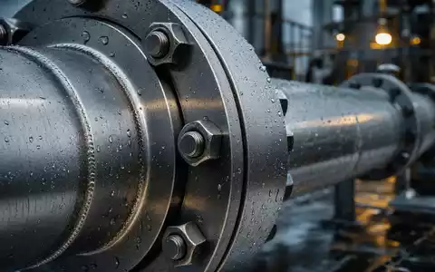 Aker Solutions ASA NO0010716582 gezeigt als Makroaufnahme eines Edelstahlflansches einer Unterwasser-Pipeline mit Wassertropfen - Foto: THN
