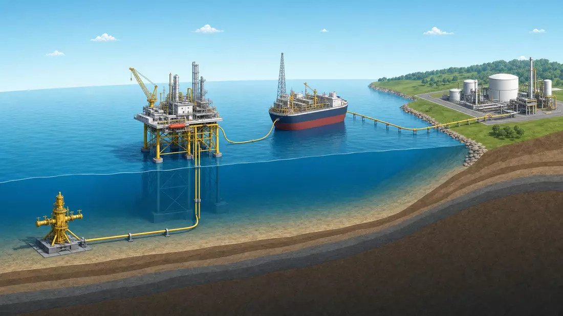 Isometrische 3D-Grafik der Offshore-Energie-Wertschöpfungskette mit Plattform und Pipeline
