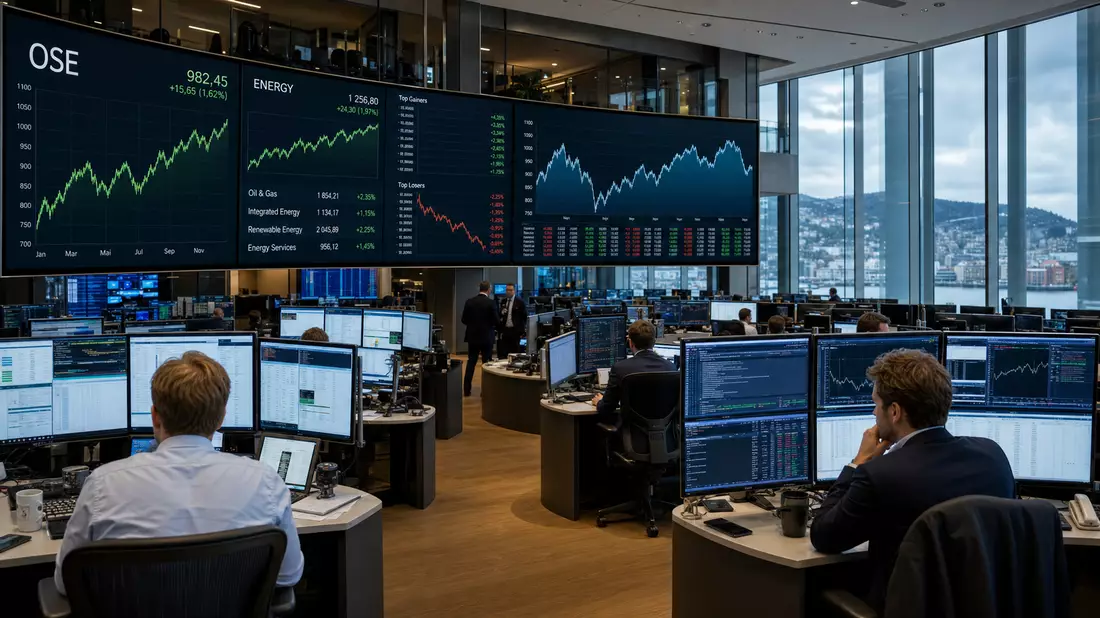 Trading-Floor in Oslo mit Energiesektor-Charts und OSE-Index auf Bildschirmen
