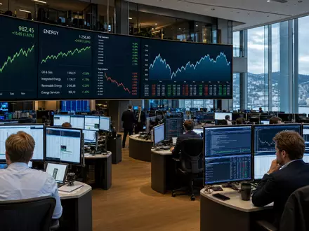 Aker Solutions ASA NO0010716582 im Börsen-Editorial mit Trading-Floor in Oslo und Energiesektor-Charts auf großen Bildschirmen - Foto: THN