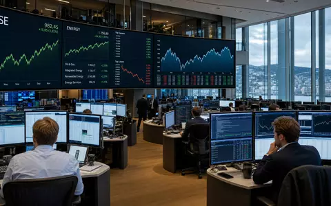 Aker Solutions ASA NO0010716582 im Börsen-Editorial mit Trading-Floor in Oslo und Energiesektor-Charts auf großen Bildschirmen - Foto: THN