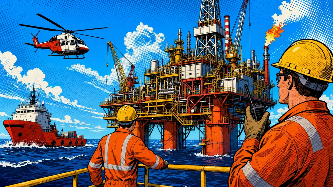 Pop-Art-Comic mit Offshore-Plattform, Helikopter und Schiff in kräftigen Farben