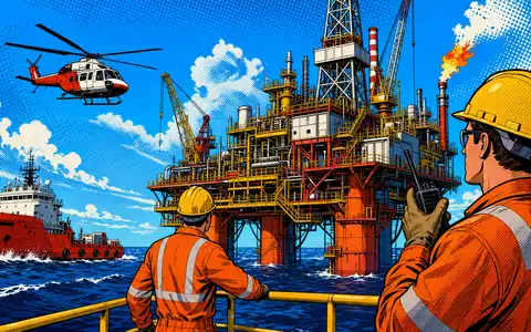 Aker Solutions ASA NO0010716582 als farbenfrohe Pop-Art-Comic-Szene einer Offshore-Plattform mit Helikopter und Versorgungsschiff - Foto: THN