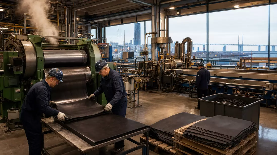 Fotorealistische Fabrikhalle für Kautschukmischungen mit Arbeitern und Maschinen bei Hexpol AB
