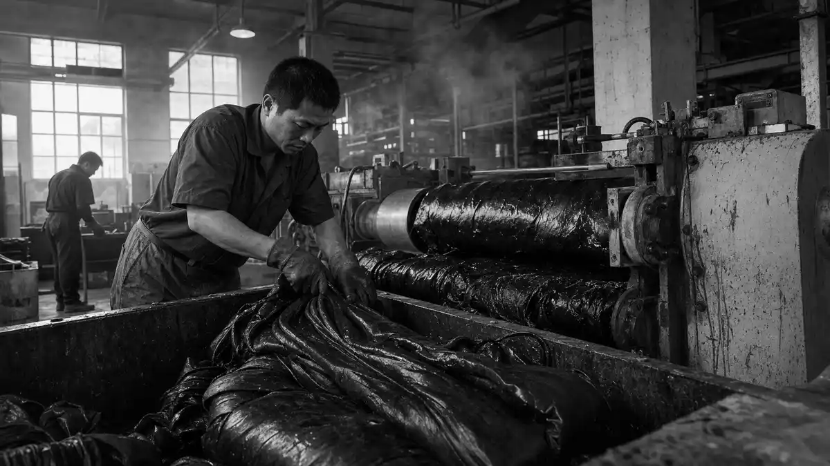 Schwarzweiß-Reportagefoto eines Arbeiters an einer Kautschuk-Walzmaschine in einer Fabrik