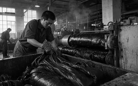 Schwarzweiße Reportage-Aufnahme einer Gummifabrik, passend zu Hexpol AB, ISIN SE0011624077, dokumentarischer Industriestil - Foto: THN