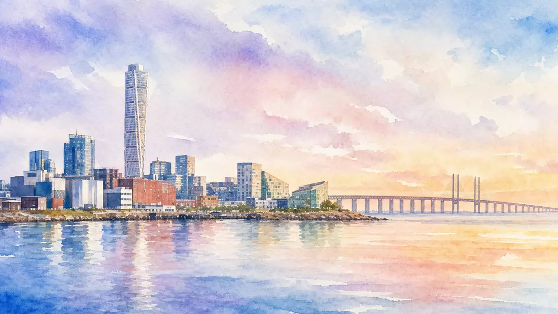 Aquarellmalerei der Skyline von Malmö mit Öresundbrücke und Hafenbauten