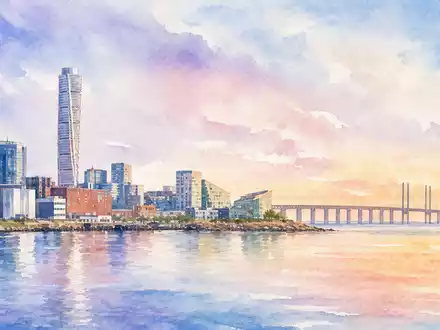 Aquarellbild der Stadt Malmö mit Öresundbrücke, symbolisch für den Hauptsitz von Hexpol AB, ISIN SE0011624077 - Foto: THN