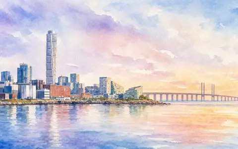 Aquarellbild der Stadt Malmö mit Öresundbrücke, symbolisch für den Hauptsitz von Hexpol AB, ISIN SE0011624077 - Foto: THN