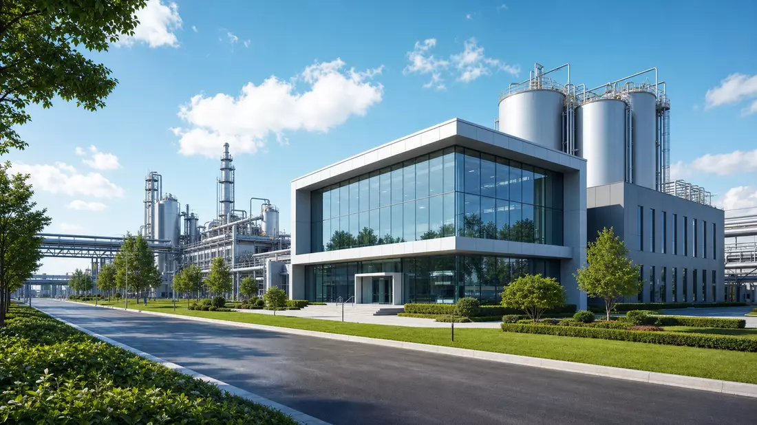 3D-Architekturvisualisierung eines modernen Chemiewerks mit Glasfassade und Silos