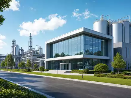 Architektur-Render einer modernen Chemieanlage mit Verwaltungsgebäude, passend zu Hexpol AB, ISIN SE0011624077 - Foto: THN