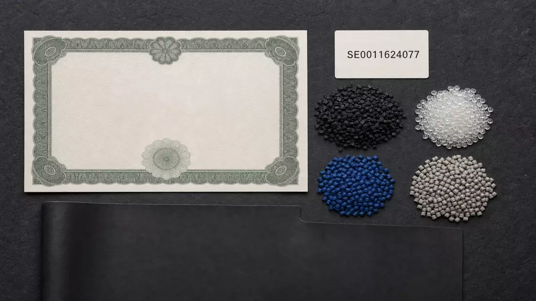 Flatlay mit Aktienzertifikat, ISIN-Karte und bunten Kunststoffgranulaten auf dunklem Untergrund
