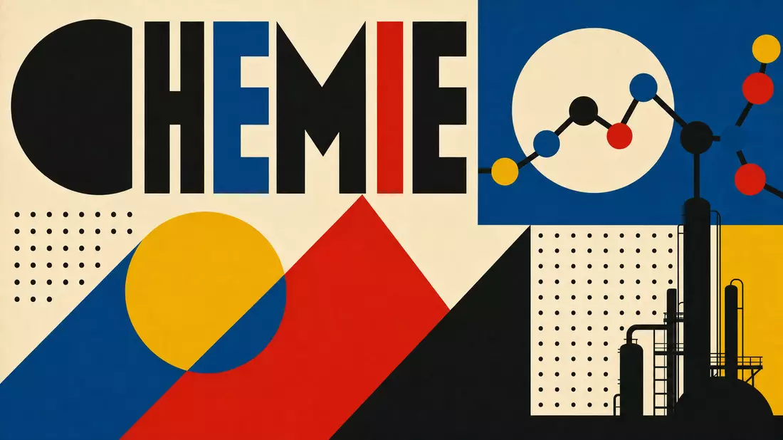 Geometrisches Bauhaus-Poster mit Kreisen, Dreiecken und dem Schriftzug CHEMIE