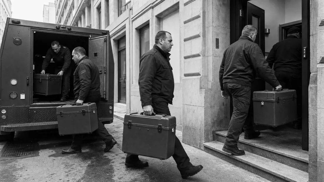 Schwarzweiß-Dokumentarfoto von Sicherheitspersonal beim Transport von Geldkassetten
