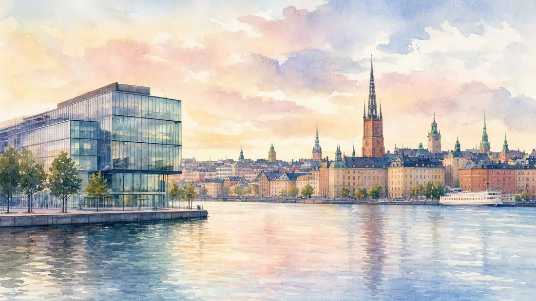 Aquarellbild der Stockholmer Skyline mit modernem Bürogebäude am Wasser