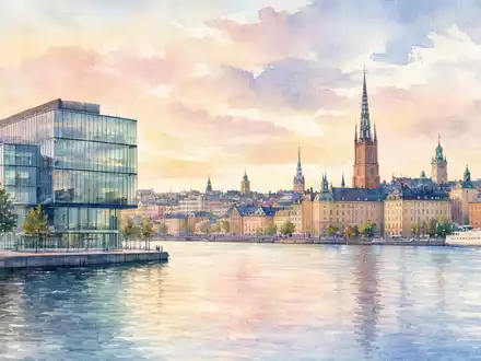 Aquarellmalerei zeigt Stockholm Skyline und Hauptsitz von Loomis AB SE0014556112 in weichen Wasserfarben - Foto: THN