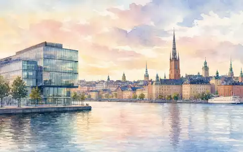 Aquarellmalerei zeigt Stockholm Skyline und Hauptsitz von Loomis AB SE0014556112 in weichen Wasserfarben - Foto: THN