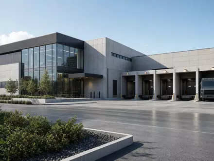 Architektonisches 3D-Render zeigt ein modernes Hochsicherheits-Cash-Center von Loomis AB SE0014556112 bei klarem Tageslicht - Foto: THN