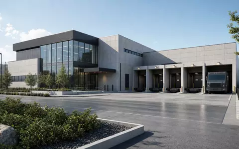 Architektonisches 3D-Render zeigt ein modernes Hochsicherheits-Cash-Center von Loomis AB SE0014556112 bei klarem Tageslicht - Foto: THN