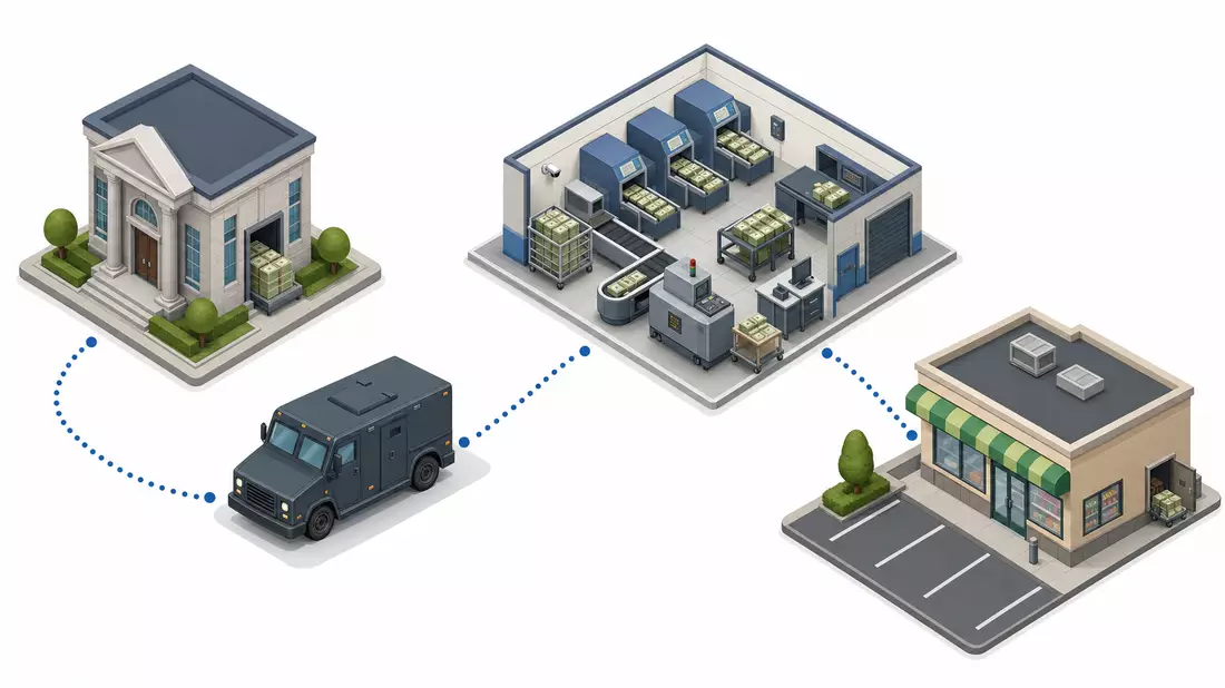 Isometrische 3D-Grafik der Prozesskette von Bank bis Geldtransport und Zentrum