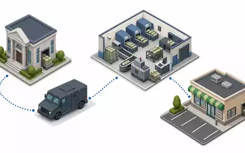 Isometrische 3D-Illustration zeigt Wertschöpfungskette der Bargeldlogistik von Loomis AB SE0014556112 als Prozess-Diagramm - Foto: THN