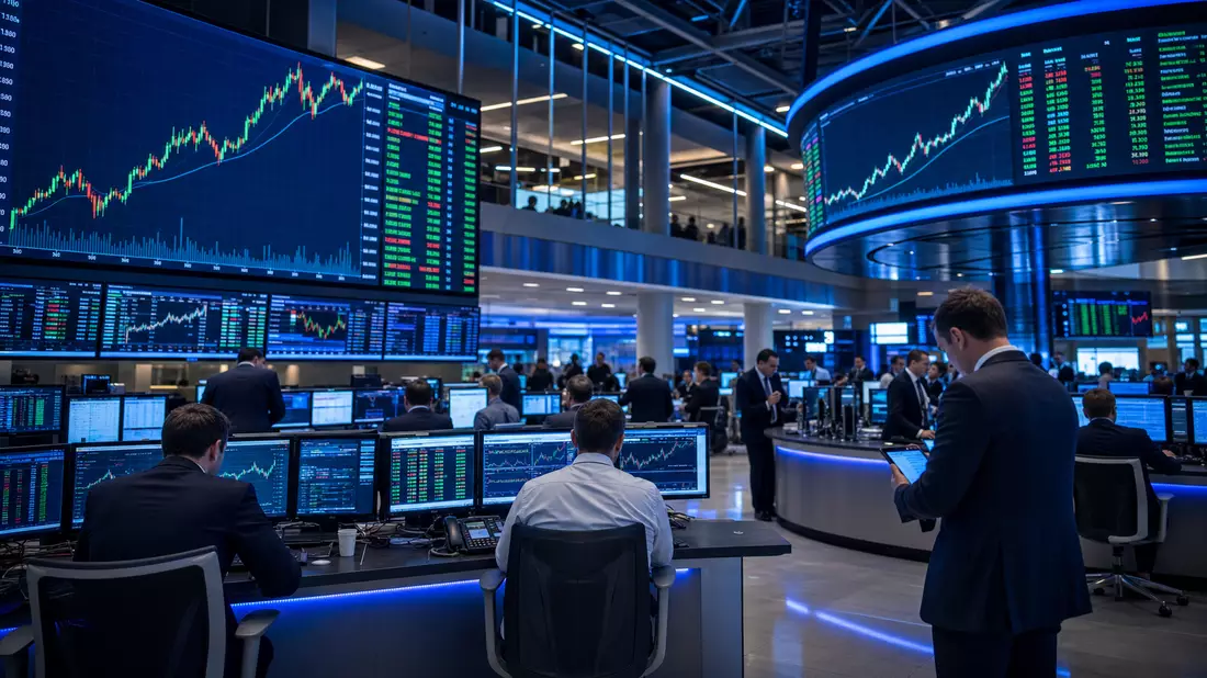 Trading-Floor mit Bildschirmen und Kursdiagrammen im Editorial-Stil