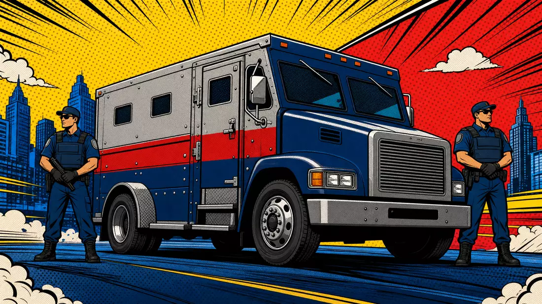 Bunte Pop-Art-Comic-Illustration eines Geldtransporters mit Wachpersonal