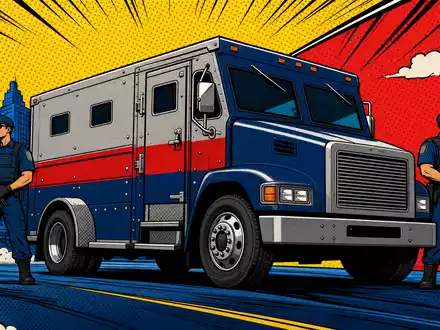 Pop-Art-Comic-Szene zeigt stilisierten Geldtransporter und Wachpersonal von Loomis AB SE0014556112 in bunten Farben - Foto: THN