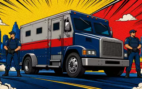 Pop-Art-Comic-Szene zeigt stilisierten Geldtransporter und Wachpersonal von Loomis AB SE0014556112 in bunten Farben - Foto: THN