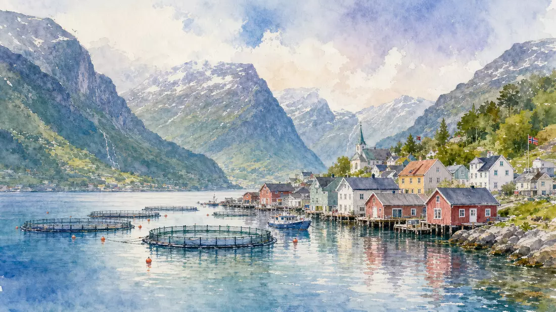 Aquarellbild eines Fjorddorfes mit schwimmenden Fischzuchtkäfigen und Bergen