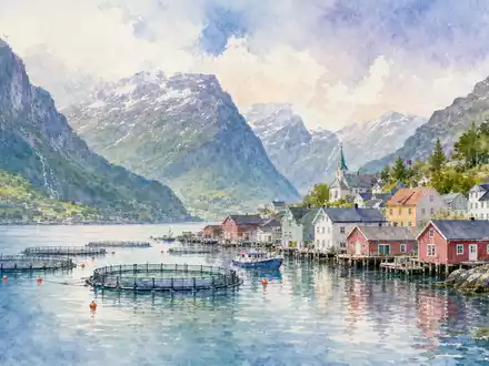 Aquarellmalerei einer norwegischen Fjordstadt mit Fischfarmen symbolisiert SalMar ASA, ISIN NO0010310956, Aquakulturunternehmen an der Küste - Foto: THN