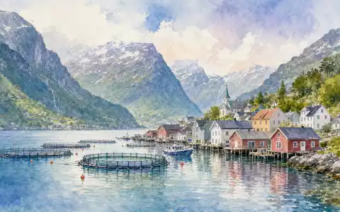 Aquarellmalerei einer norwegischen Fjordstadt mit Fischfarmen symbolisiert SalMar ASA, ISIN NO0010310956, Aquakulturunternehmen an der Küste - Foto: THN