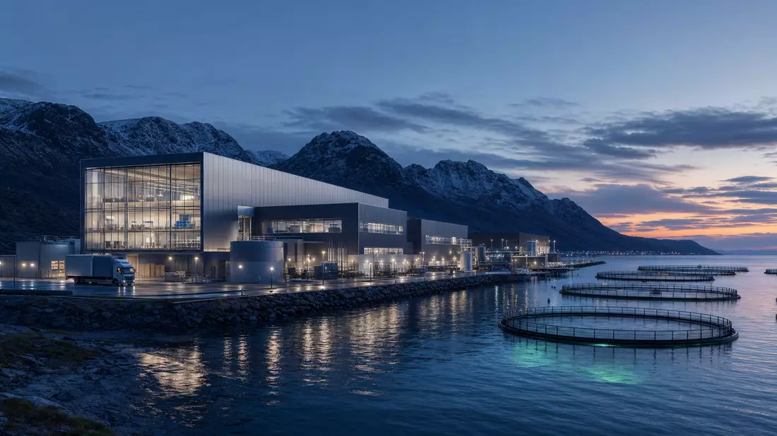 Architektonisches 3D-Render einer modernen Fischverarbeitungsanlage an der norwegischen Küste bei Dämmerung
