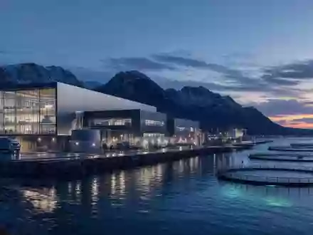 Architektur-Render einer modernen Verarbeitungsanlage an der Küste repräsentiert SalMar ASA, ISIN NO0010310956, führenden Aquakulturbetrieb - Foto: THN