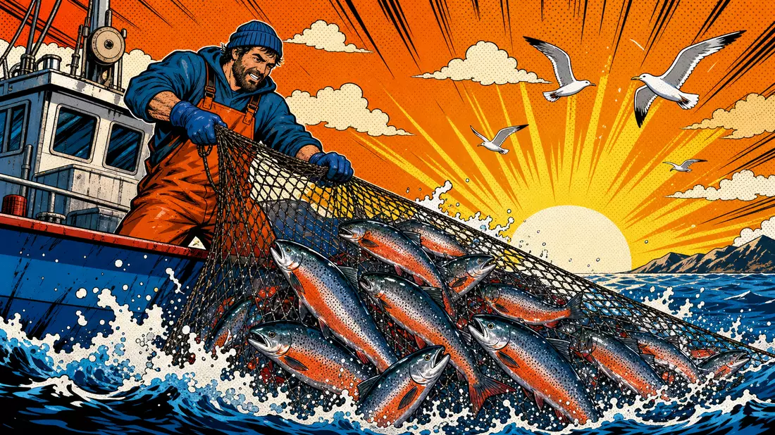 Bunte Pop-Art-Comic-Illustration eines Fischers der ein Netz voller Lachse einholt
