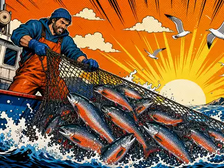 Pop-Art-Comic-Szene eines Fischers mit Netz voller Lachse repräsentiert Branche von SalMar ASA, ISIN NO0010310956, Norwegen - Foto: THN