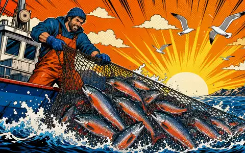Pop-Art-Comic-Szene eines Fischers mit Netz voller Lachse repräsentiert Branche von SalMar ASA, ISIN NO0010310956, Norwegen - Foto: THN