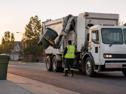 Republic Services (ISIN US76075R1059) sammelt Müll morgens mit neutralem weißen Lkw ohne Markenlogo - Foto: THN