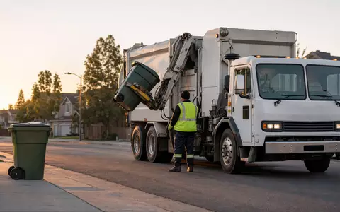 Republic Services (ISIN US76075R1059) sammelt Müll morgens mit neutralem weißen Lkw ohne Markenlogo - Foto: THN