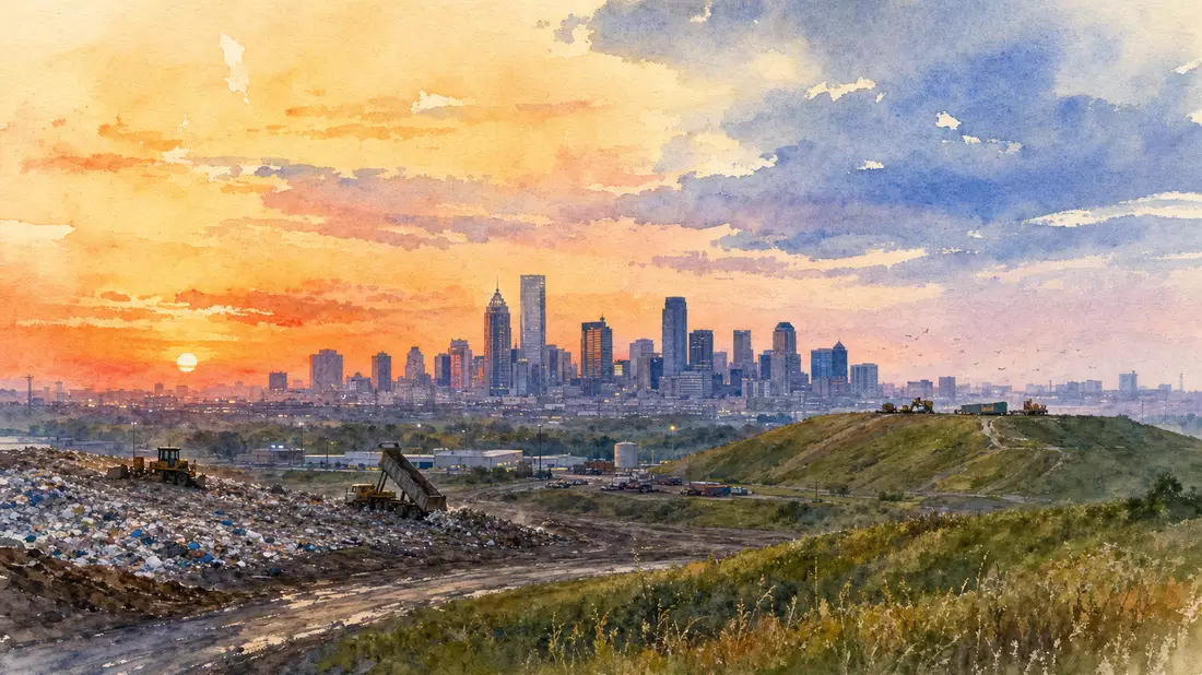 Aquarellmalerei einer Skyline mit Deponie und Planierraupen im Abendlicht