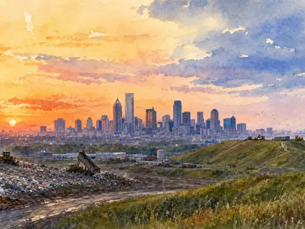 Republic Services (ISIN US76075R1059) zeigt ein Aquarellbild einer Stadtsilhouette neben einer Deponie bei Sonnenuntergang - Foto: THN