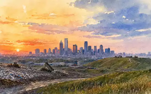 Republic Services (ISIN US76075R1059) zeigt ein Aquarellbild einer Stadtsilhouette neben einer Deponie bei Sonnenuntergang - Foto: THN