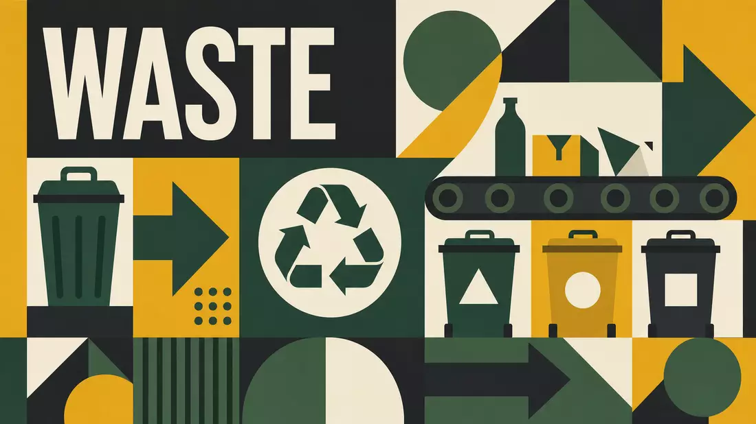 Bauhaus-Poster mit geometrischen Formen, Mülltonnen und dem Wort WASTE