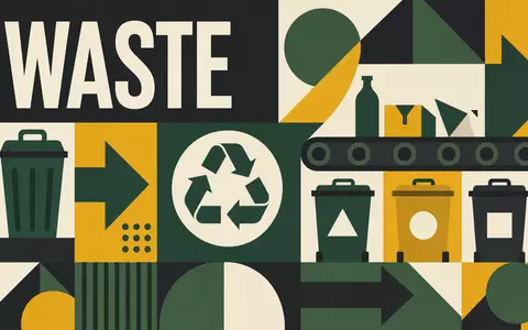 Republic Services (ISIN US76075R1059) zeigt ein geometrisches Bauhaus-Poster mit Recyclingsymbolen und dem Sektor-Schriftzug WASTE - Foto: THN