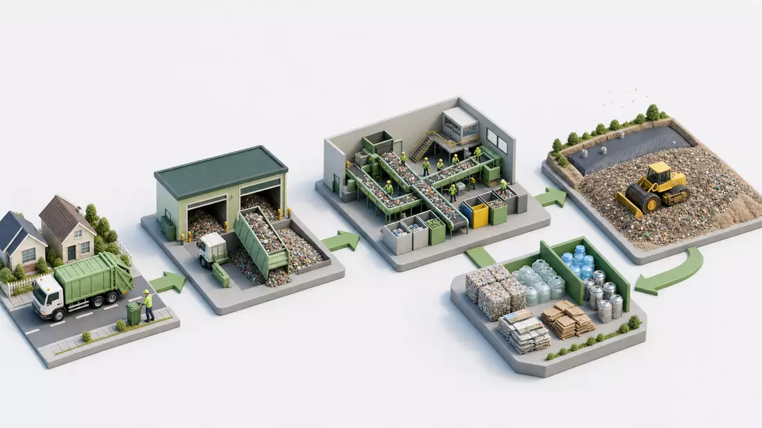Isometrische 3D-Grafik mit Müllabholung, Sortieranlage, Deponie und Recyclingoutput