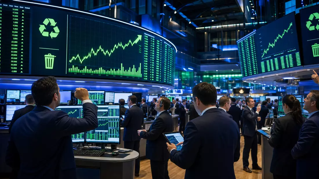 Trading-Floor mit grünen Aktiencharts und Recyclingsymbolen auf großen Bildschirmen