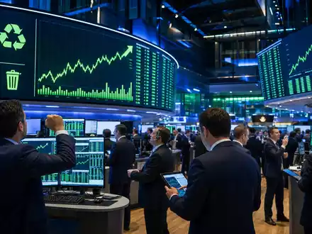Republic Services (ISIN US76075R1059) zeigt ein Börsen-Editorial mit Handelsraum, Kurscharts und Recyclingsymbolen an der NYSE - Foto: THN