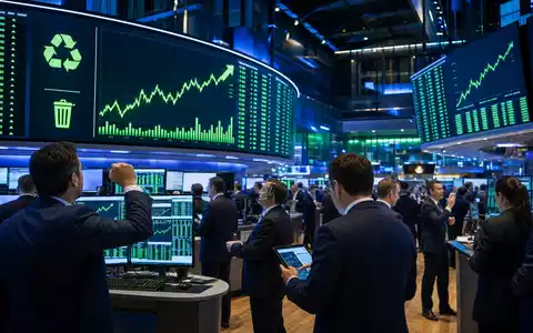 Republic Services (ISIN US76075R1059) zeigt ein Börsen-Editorial mit Handelsraum, Kurscharts und Recyclingsymbolen an der NYSE - Foto: THN